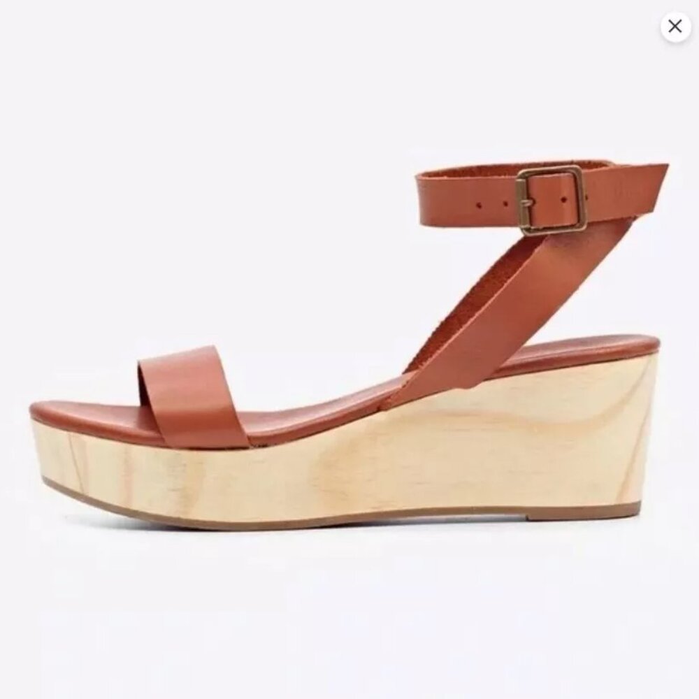 Nisolo Sarita Wedges Sandals Brown Leather & Wood Grain Size 7 Womens Shoes